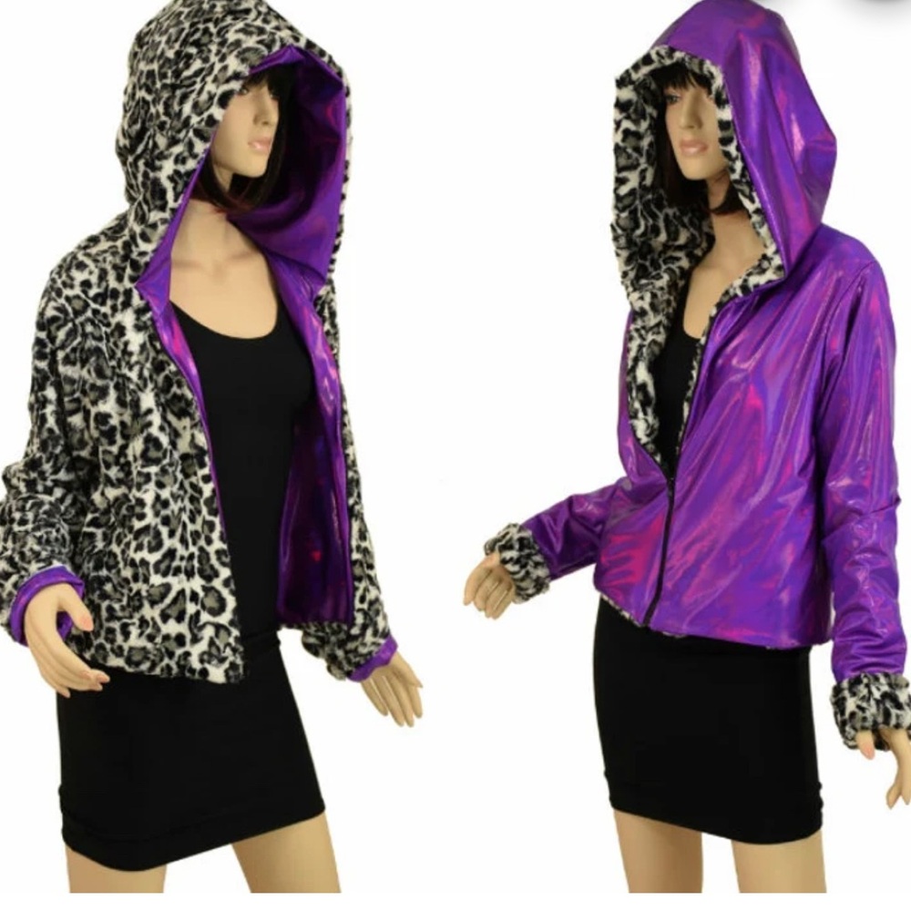 Leopard Faux Fur / Purple Holographic Jacket - Small